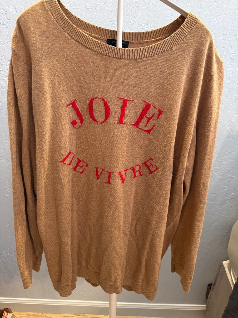 Talbots Camel Crewneck Sweater with Red 'JOIE DE VIVRE' Script size 1xP